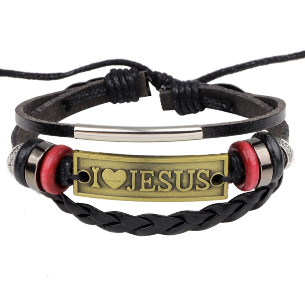 NEW Leather Bracelet- Christian- I Love Jesus-Gold - Picture 1 of 1